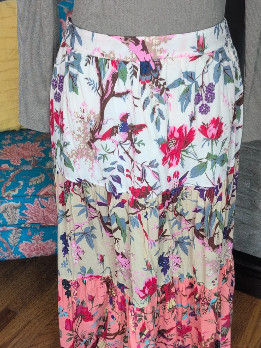 dylan Floral Tiered Maxi Skirt in White, Pink & Cream